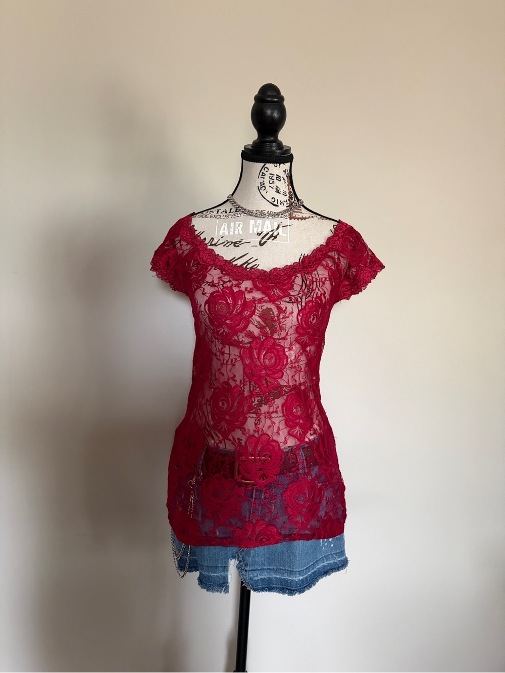 Y2K Charlotte Russe Red Sheer Lace Layering Top Rose Fairy Whimsigoth Fall